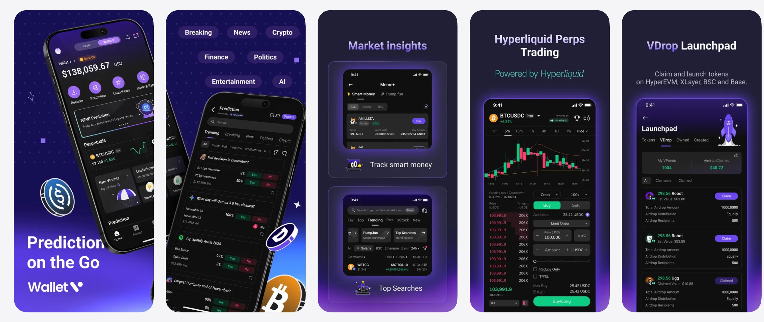 Wallet V 聚合 xStocks、aster&hyperliquid、polymarket——不用开户、不用 KYC，在手机